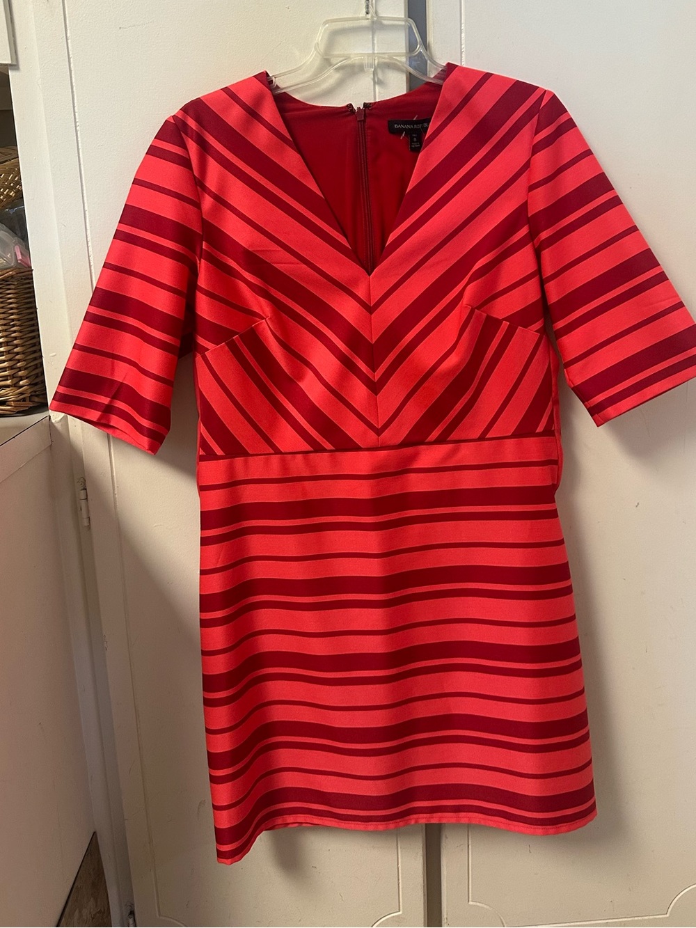 Banana Republic Red and Dark Red Striped V-Neck Mini Dress